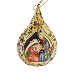 Vintage Roman Inc Porcelain Teardrop Ornament w/Nativity Jesus Mary Joseph 5 In.